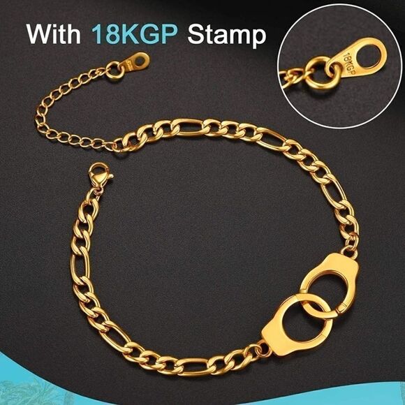 18k Gold Handcuff Anklet Figaro Chain Handcuff Ankle Bracelet - Picture 2 of 7